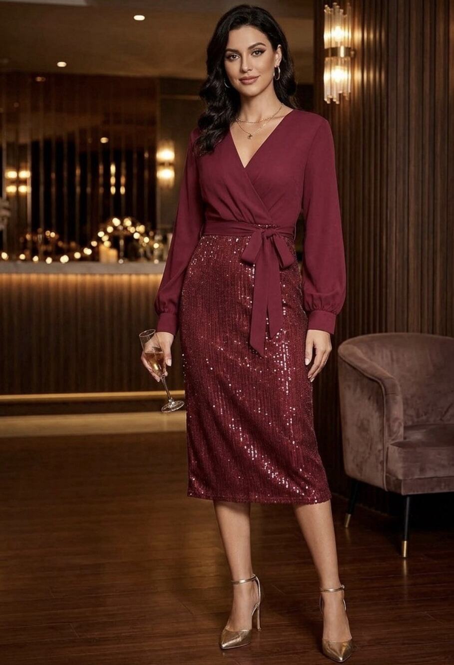 NWT Grace Karin Wine Red Sequined V-Neck Cocktail Party Dress Long Sleeve Sz XL